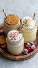 Trio of Christmas Milkshakes with Festive Garnishes on Rustic Tray