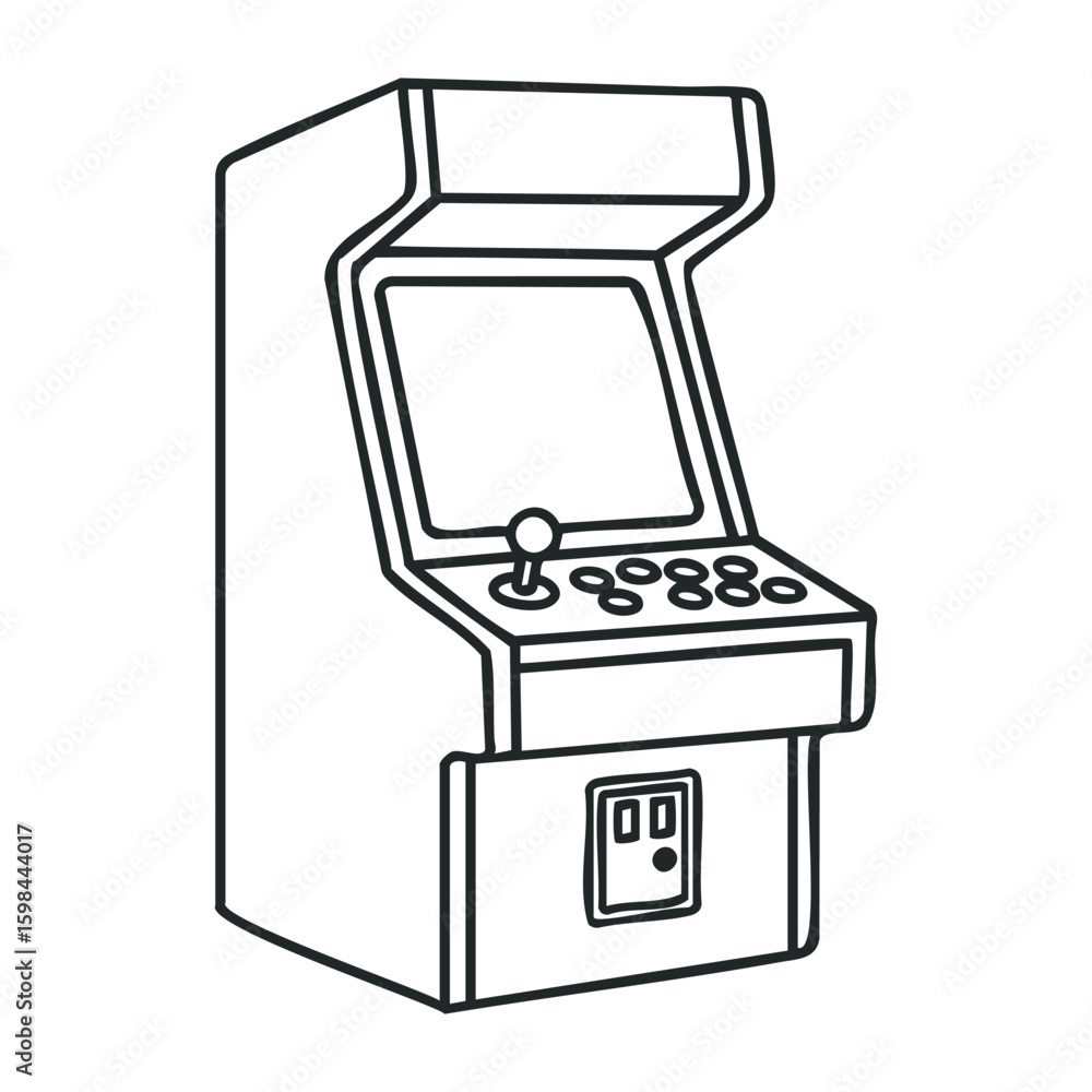 Poster retro arcade machine line drawing with joystick and buttons. vector illustration