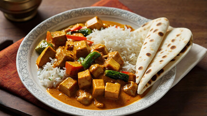 A delicious vegan curry with tofu, coconut milk, and colorful vegetables in a rich orange sauce, served with basmati rice and naan, styled on an elegant ceramic plate