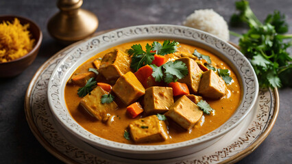 A delicious vegan curry with tofu, coconut milk, and colorful vegetables in a rich orange sauce, served with basmati rice and naan, styled on an elegant ceramic plate
