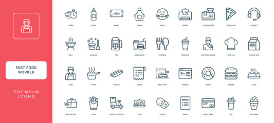 collection line icons fast food worker activities items, tray menu drink cookie