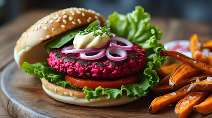 A close-up shot of a freshly made vegan burger with a beetroot patty, lettuce, tomato, onion, and vegan mayo in a sesame bun, with sweet potato fries on the side.