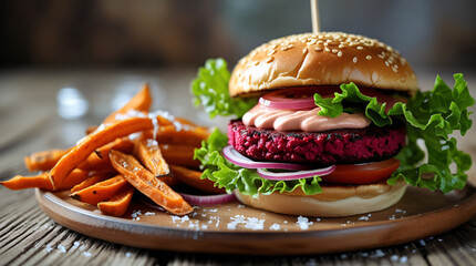A close-up shot of a freshly made vegan burger with a beetroot patty, lettuce, tomato, onion, and vegan mayo in a sesame bun, with sweet potato fries on the side.