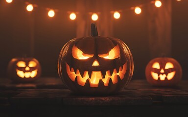 Fototapeta premium Three menacing jackolanterns glow eerily in the dark with string lights overhead