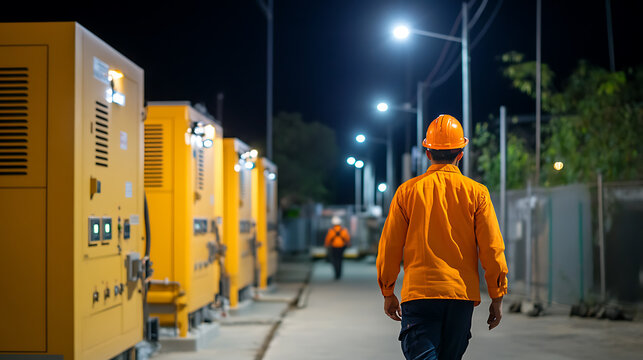 Nighttime inspection. A worker walks past power generators in a hardhat and safety gear, ensuring operations under the bright streetlights.