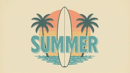 1960s Surfing Vintage Logo Palm Trees Waves and the Word "SUMMER"