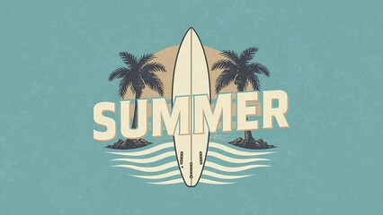 1960s Surfing Vintage Logo Palm Trees Waves and the Word "SUMMER"