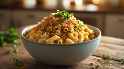 A comforting bowl of creamy vegan mac and cheese topped with crispy breadcrumbs and chopped herbs,