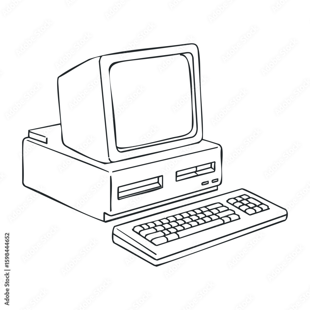 Poster outline drawing of vintage desktop computer with crt monitor and keyboard. vector illustration