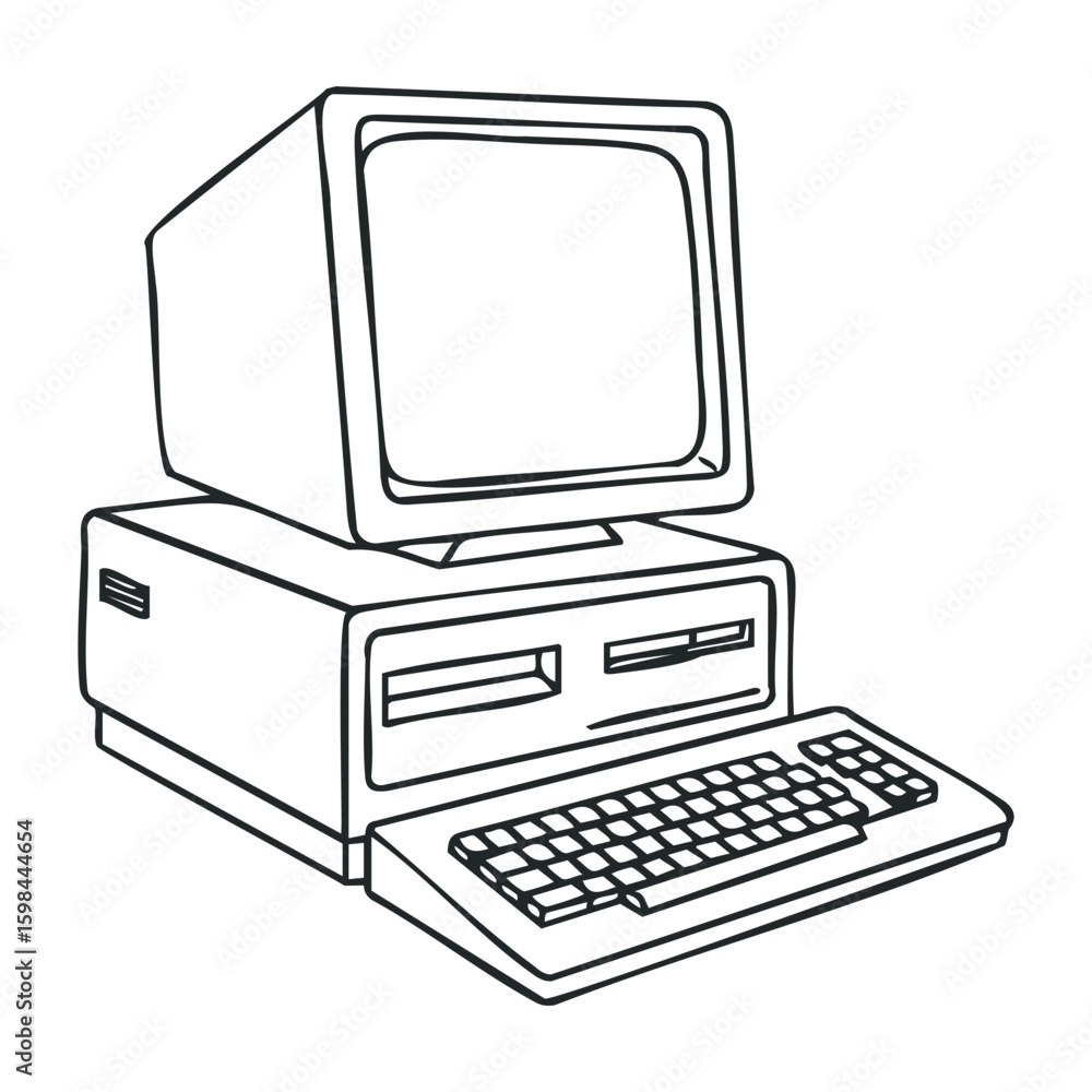 Aufkleber vintage desktop computer sketch with monitor and keyboard. vector illustration