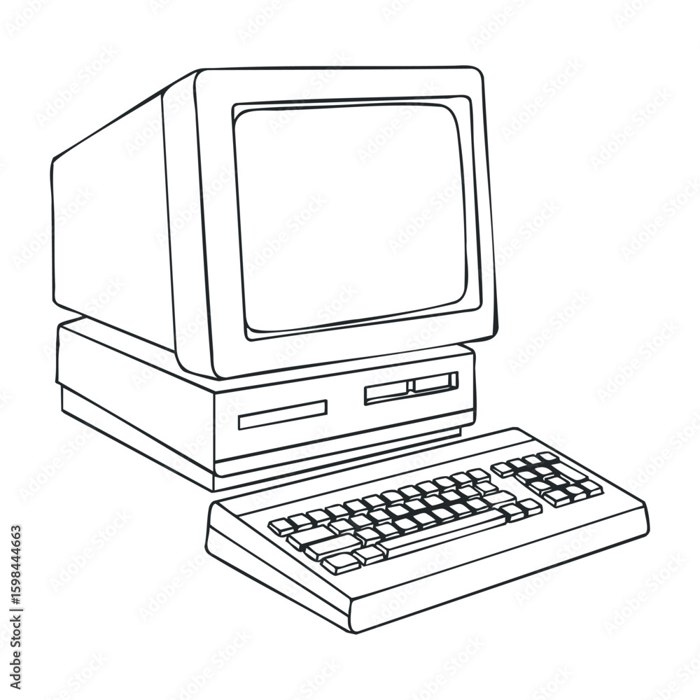 Poster retro vintage computer outline drawing with keyboard and monitor. vector illustration