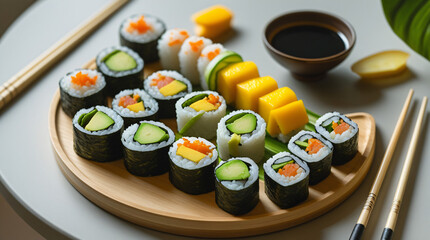 A neatly arranged vegan sushi platter featuring avocado rolls, cucumber maki, mango nigiri, and soy dipping sauce, photographed from above with chopsticks and pickled ginger on the side