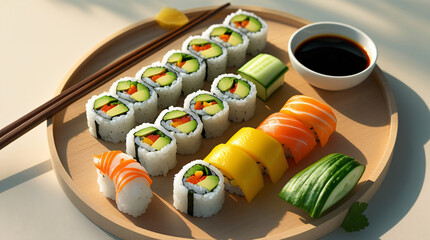 A neatly arranged vegan sushi platter featuring avocado rolls, cucumber maki, mango nigiri, and soy dipping sauce, photographed from above with chopsticks and pickled ginger on the side