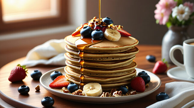 A stack of fluffy vegan pancakes topped with maple syrup, fresh berries, banana slices, and a sprinkle of nuts, captured in morning light with a cozy breakfast setup
