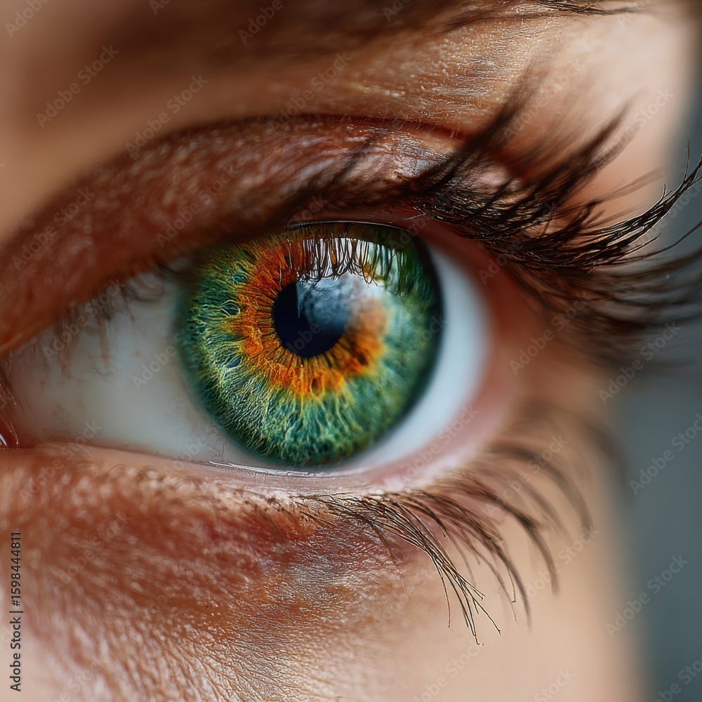 Poster the striking eye features an intricate mix of green and orange colors within the iris. fine eyelashe