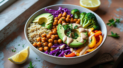 A vibrant bowl of vegan Buddha bowl with quinoa, roasted chickpeas, avocado slices, colorful veggies, and tahini dressing on wooden table
