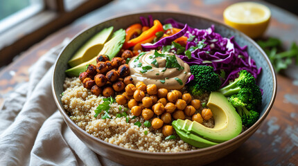 A vibrant bowl of vegan Buddha bowl with quinoa, roasted chickpeas, avocado slices, colorful veggies, and tahini dressing on wooden table