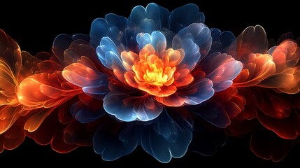 Crystalline fractal bloom expanding from center, vibrant spectral colors with translucent energy veils