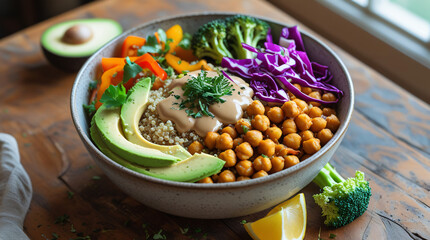 A vibrant bowl of vegan Buddha bowl with quinoa, roasted chickpeas, avocado slices, colorful veggies, and tahini dressing on wooden table
