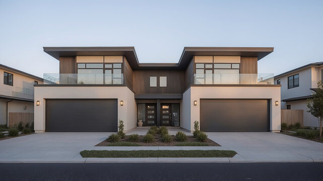 Modern duplex architecture with contemporary design and minimalist aesthetics showcasing exterior facade and clear sky view