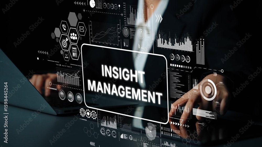 Poster business professional analyzing data insights on digital screen with graphs and statistics for manag