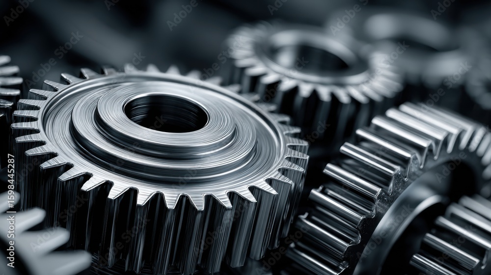 Aufkleber a collection of shining metal gears interlocked, showcasing intricate details of their design and cr