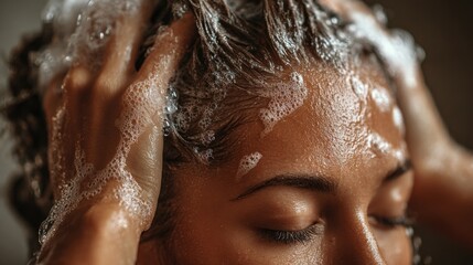 A woman gently massages shampoo into her hair, creating a rich lather. She is in a calm indoor environment, suggesting a relaxing evening routine focused on self-care and hygiene.