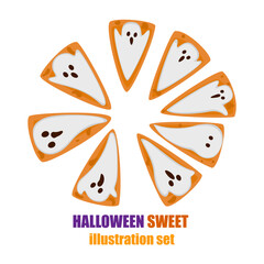 Cute Halloween pie decorated with ghost faces arranged in a circle. Fun and spooky dessert vector illustration. Perfect for holiday menus, decorations, spooky holiday graphics on a white background.