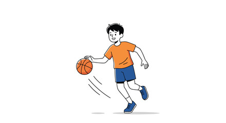 Energetic young boy skillfully dribbling a basketball during an outdoor sports activity