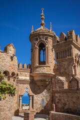 Castillo de Colomares during Sunny Day with Blue Sky near Benalmadena. Vertical Beautiful Decorative Monument in Andalusia.