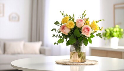Bouquet of pastel roses and yellow flowers in a vase