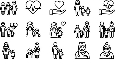 Obraz premium Family care and support icon vector set. Contains love, household, mother, father, children, friendship, togetherness, happy, handshake, hug, solidarity, human relationships, volunteer. Illustration