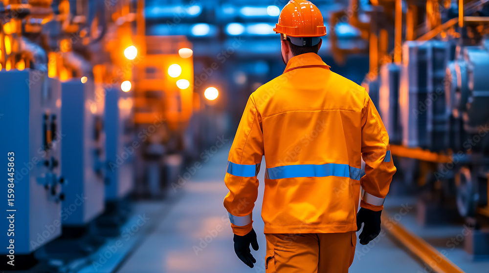 Poster worker in protective gear walking in a factory with machinery and lighting creating a sense of indus