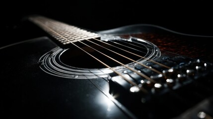 Fototapeta premium Fingers gently strumming the strings of an acoustic guitar in a cozy living room. The soft light highlights the wood grain and craftsmanship, creating an inviting ambiance for music.