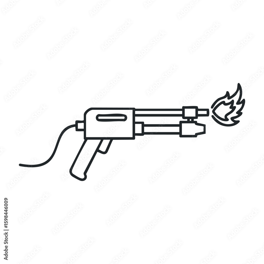Poster flamethrower icon with simple lines representing fire emanating from dual barrels. vector illustrati