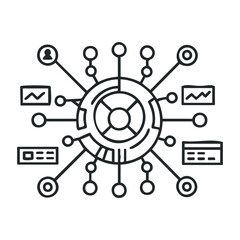 Abstract network diagram with connected nodes and data analysis graphs. Vector illustration
