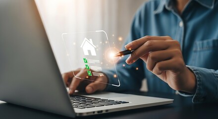 Online Home Inspection Checklist: Person Reviews Real Estate Property with Digital Interface on Laptop, Secure Housing Verification.