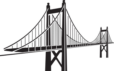 A Black and White Depiction of a Suspension Bridge with Ornate Support Pillars and Strong Cables
