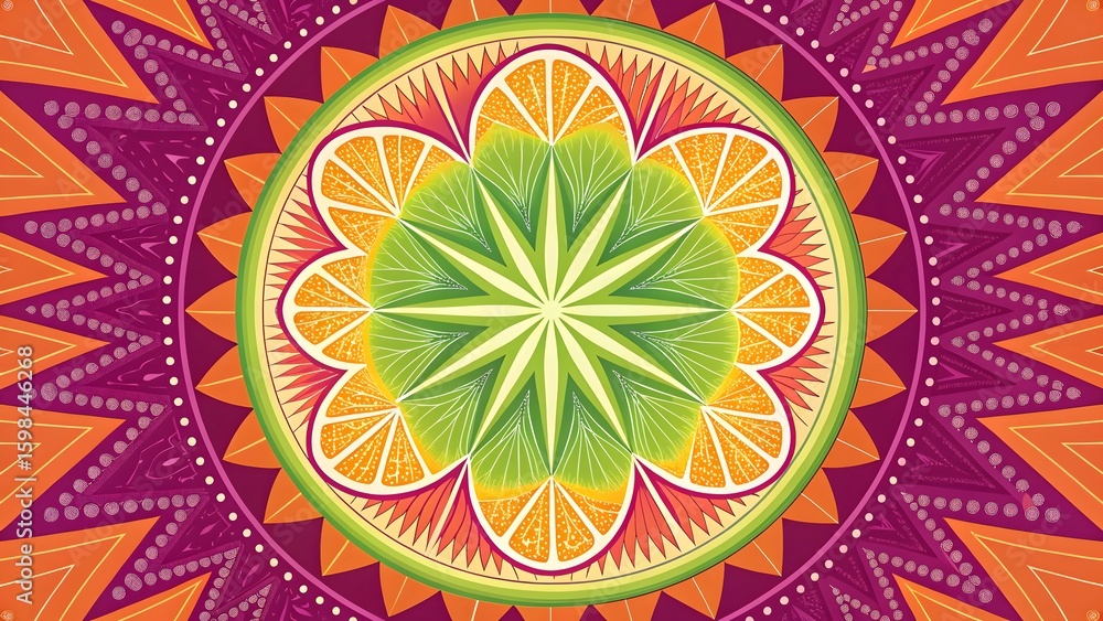 Poster a colorful circular mandala design featuring citrus fruits and geometric patterns in green and orang