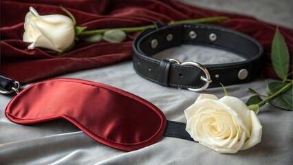 Red blindfold with white rose and black leather collar form a sensual still life. Sensual still life concept featuring a blindfold, white roses