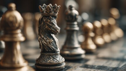 Fototapeta premium Two players engage in a competitive game of chess, focusing intently on their strategies. The intricately designed pieces are set against a warm, inviting backdrop, creating a challenging atmosphere.