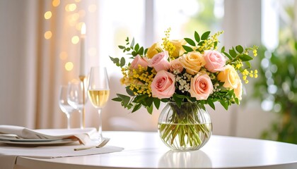 Bouquet of pastel roses in a vase