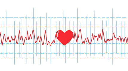 A red heart icon superimposed onto an electrocardiogram (ECG) reading on a white background with blue grid lines. Symbolic of cardiovascular health and love.