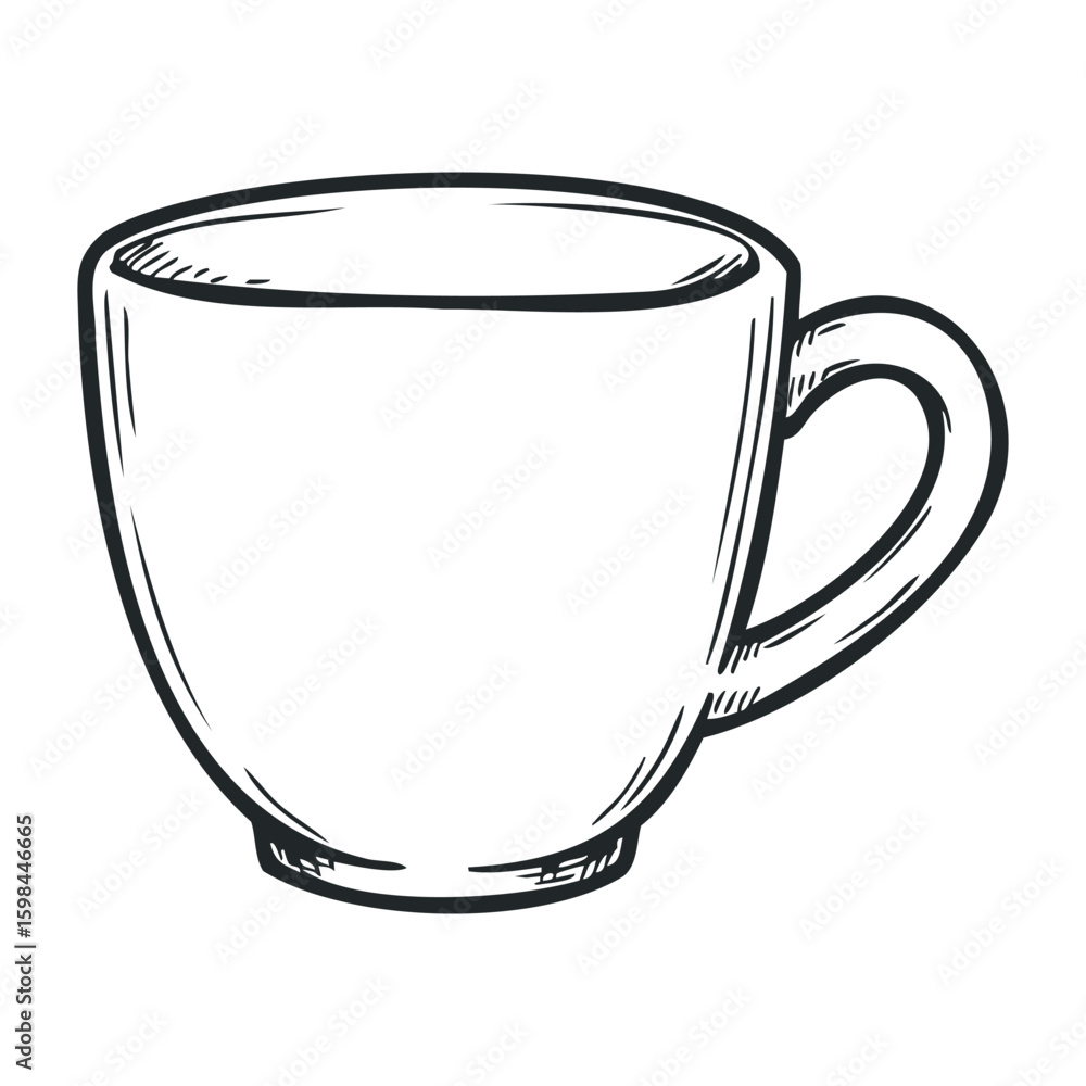 Poster black and white sketch of an empty mug with handle in simple outline style. vector illustration