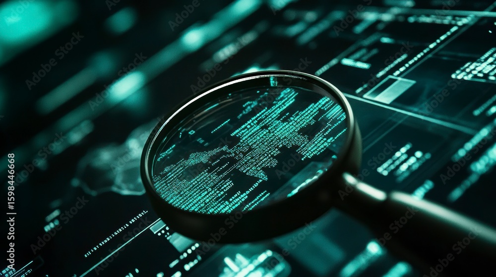 Aufkleber magnifying glass over a digital world map composed of code on a screen.