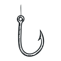 Hand-drawn fishing hook sketch in black and white on plain background. Vector illustration