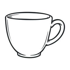 Simple black and white sketch of coffee mug with handle on white background. Vector illustration