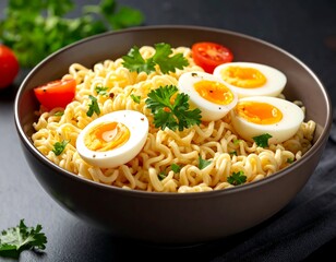Bowl of instant noodles with soft boiled eggs and cherry tomatoes