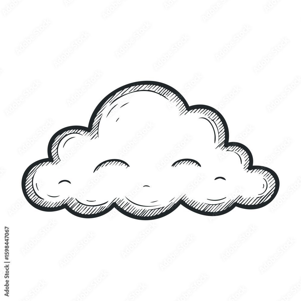 Poster whimsical cloud sketch with smiling face and simple black lines. vector illustration