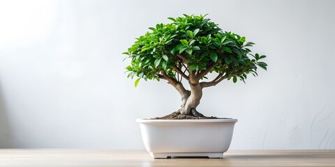 A meticulously shaped green bonsai tree in a white ceramic pot sits on a wooden surface against a plain white